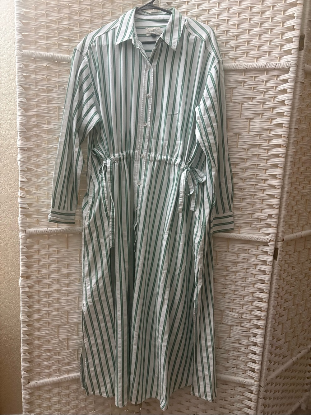 Striped Button-Front Tie-Waist Maxi Shirt Dress - Green/White Sz M - Picture 2 of 5